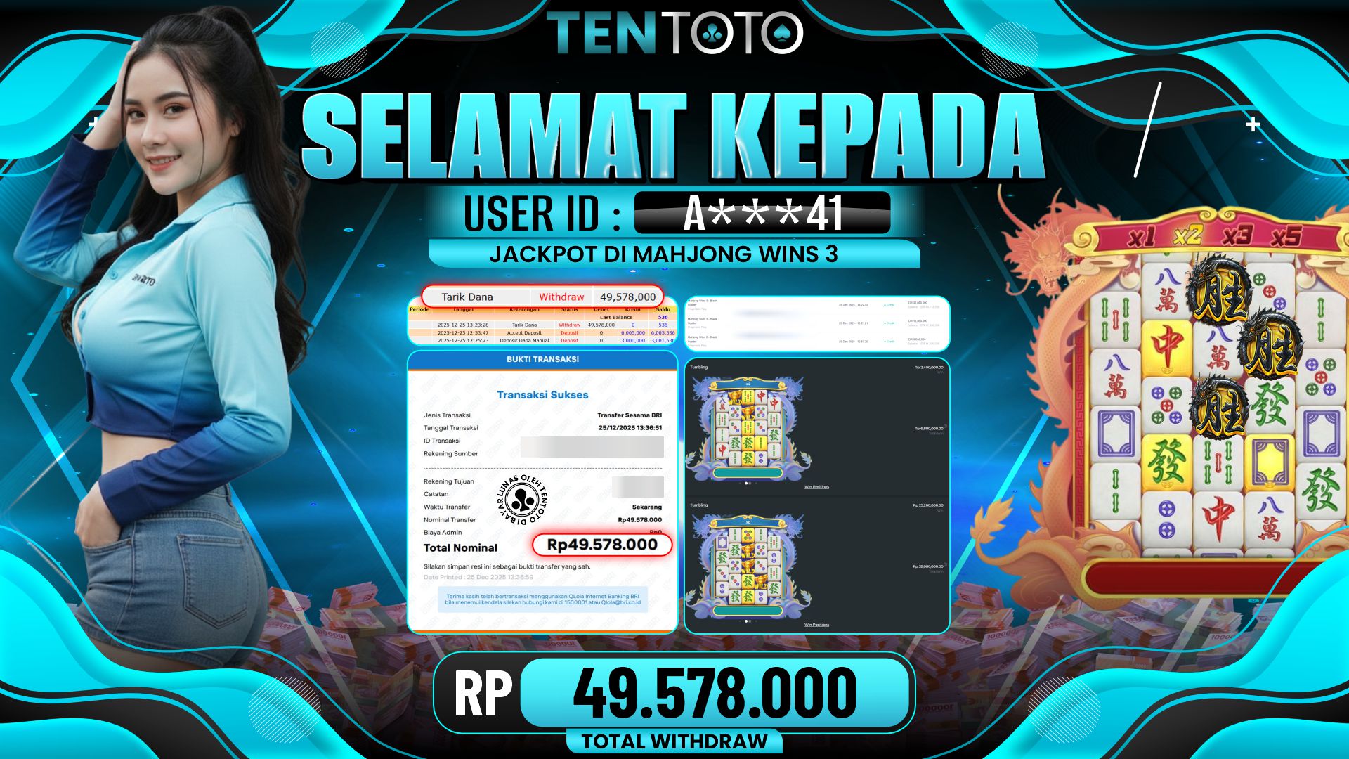 TENTOTO Mahjong Wins 3 Rp. 49.578.000,- LUNAS