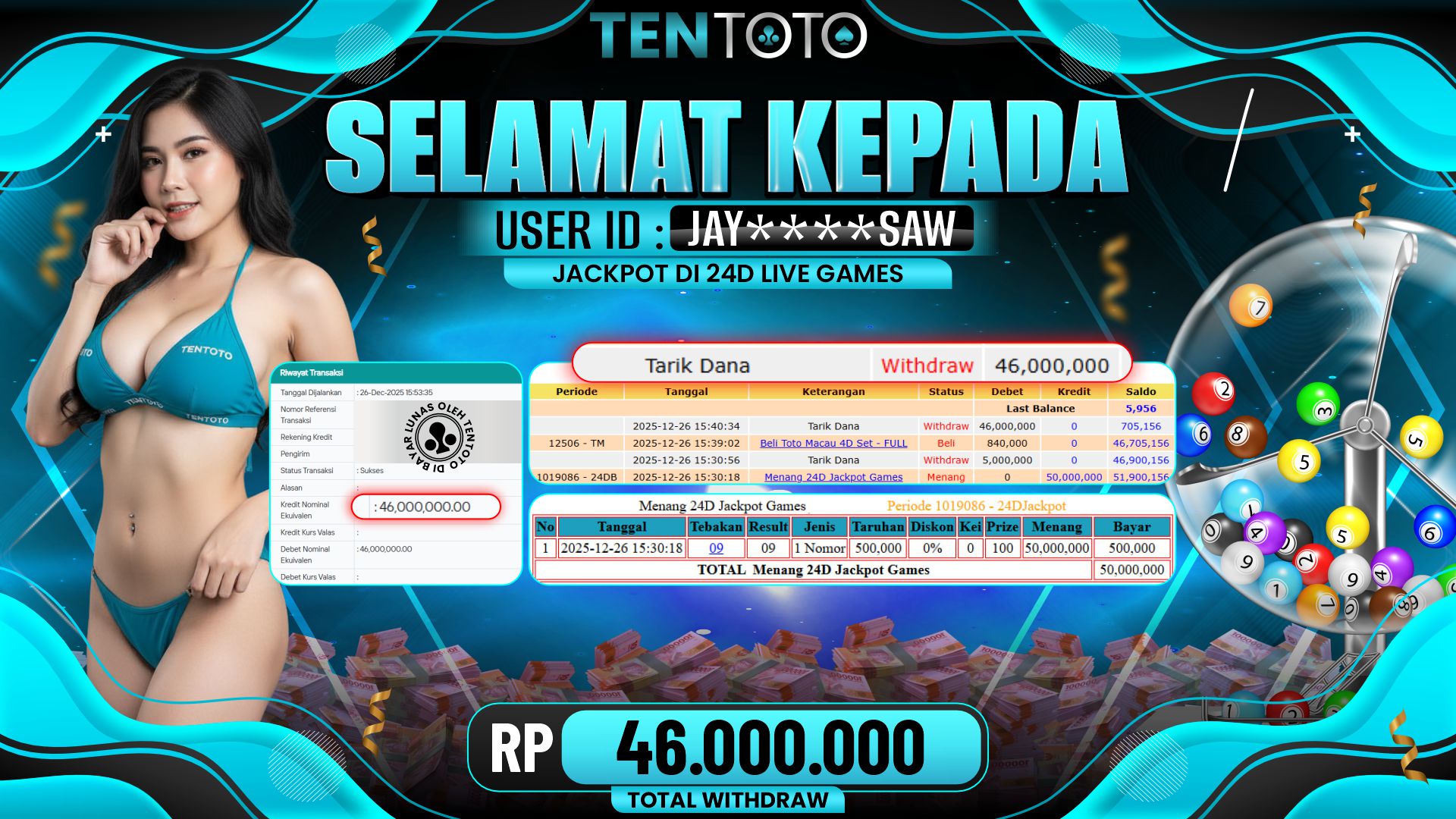 TENTOTO 24D Live Games Rp. 46.000.000,- LUNAS