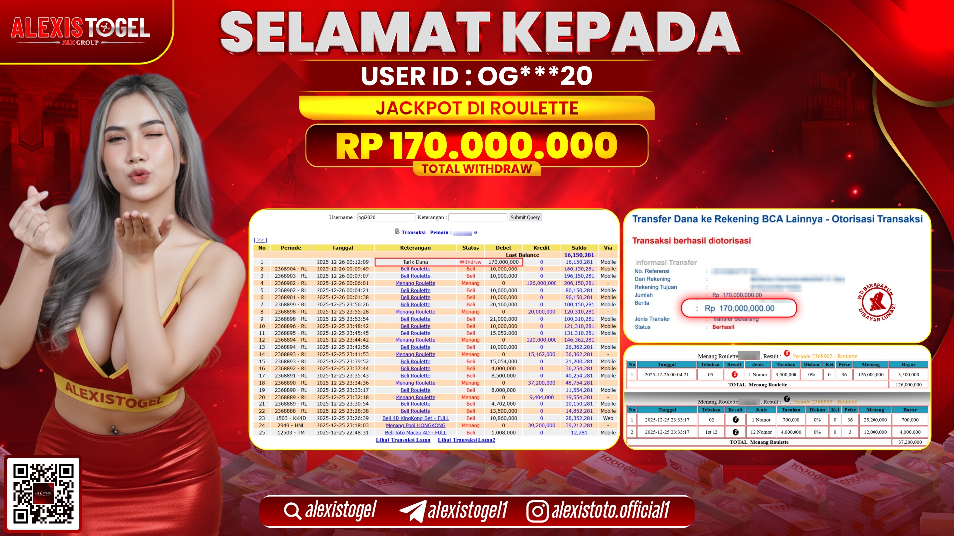 ALEXISTOGEL di CASINO ROULETTE RP.170.000.000,- LUNAS