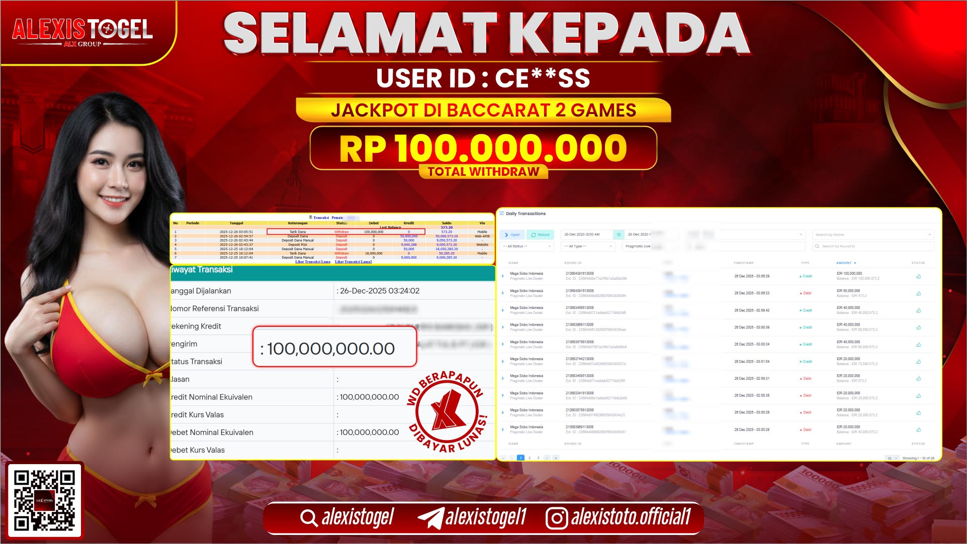 ALEXISTOGEL di CASINO BACCARAT 2 GAMES RP.100.000.000,- LUNAS