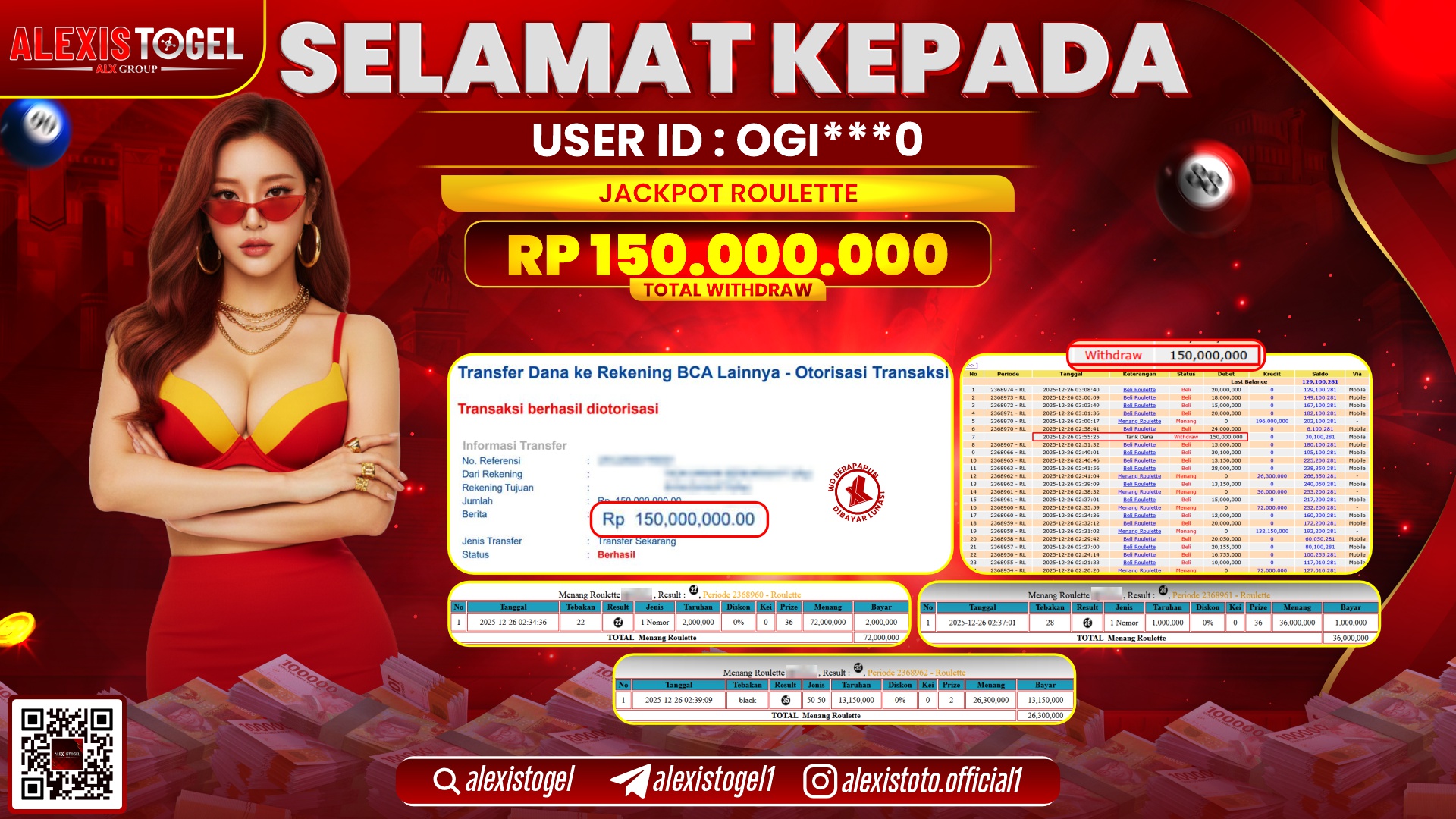 ALEXISTOGEL di CASINO ROULETTE RP.150.000.000,- LUNAS