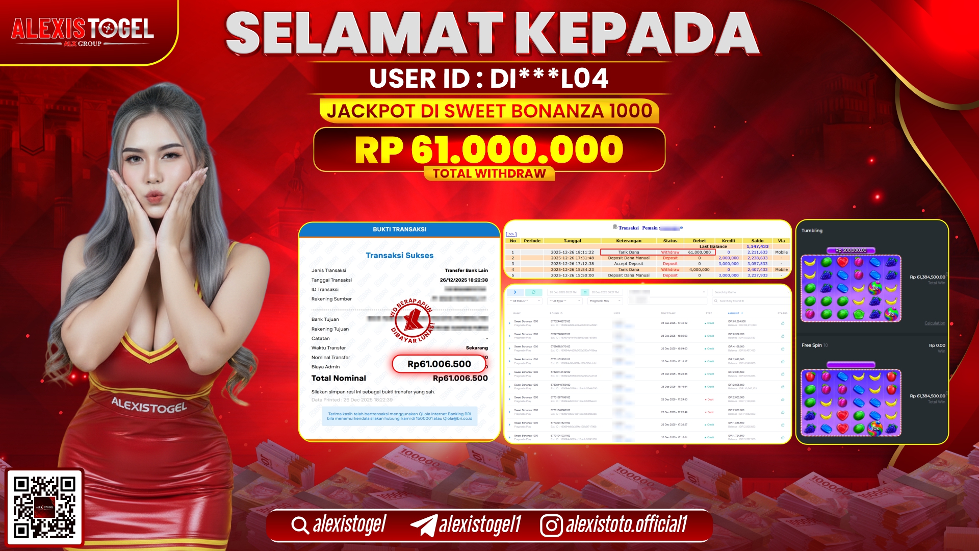 ALEXISTOGEL di SLOT SWEET BONANZA 1000 RP.61.000.000,- LUNAS