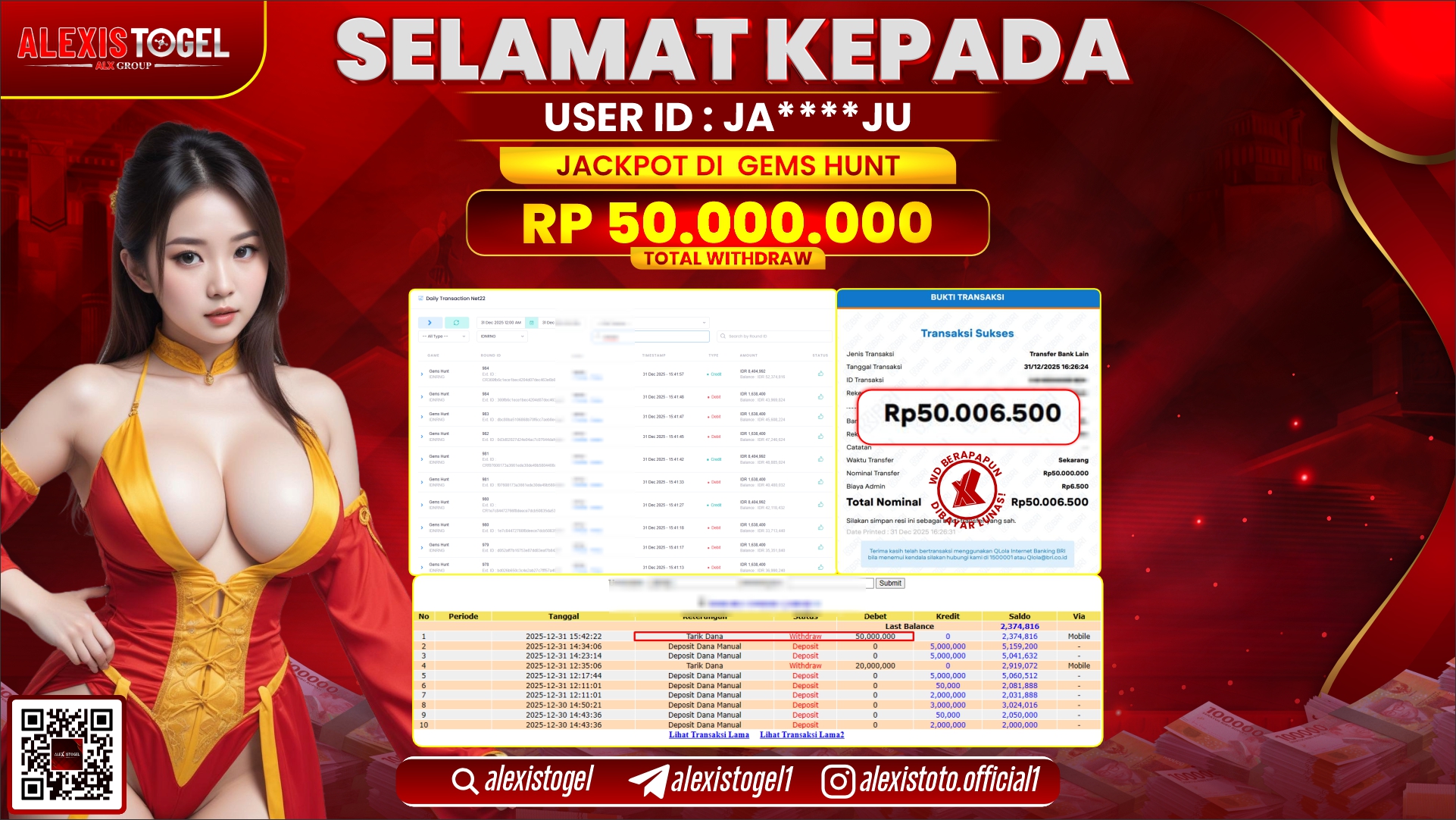 ALEXISTOGEL di SLOT GEMS HUNT RP.50.000.000,- LUNAS