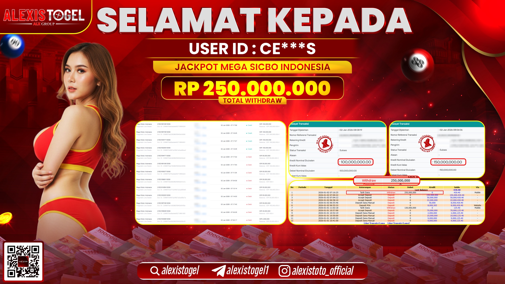 ALEXISTOGEL di CASINO MEGA SICBO INDONESIA RP.250.000.000,- LUNAS