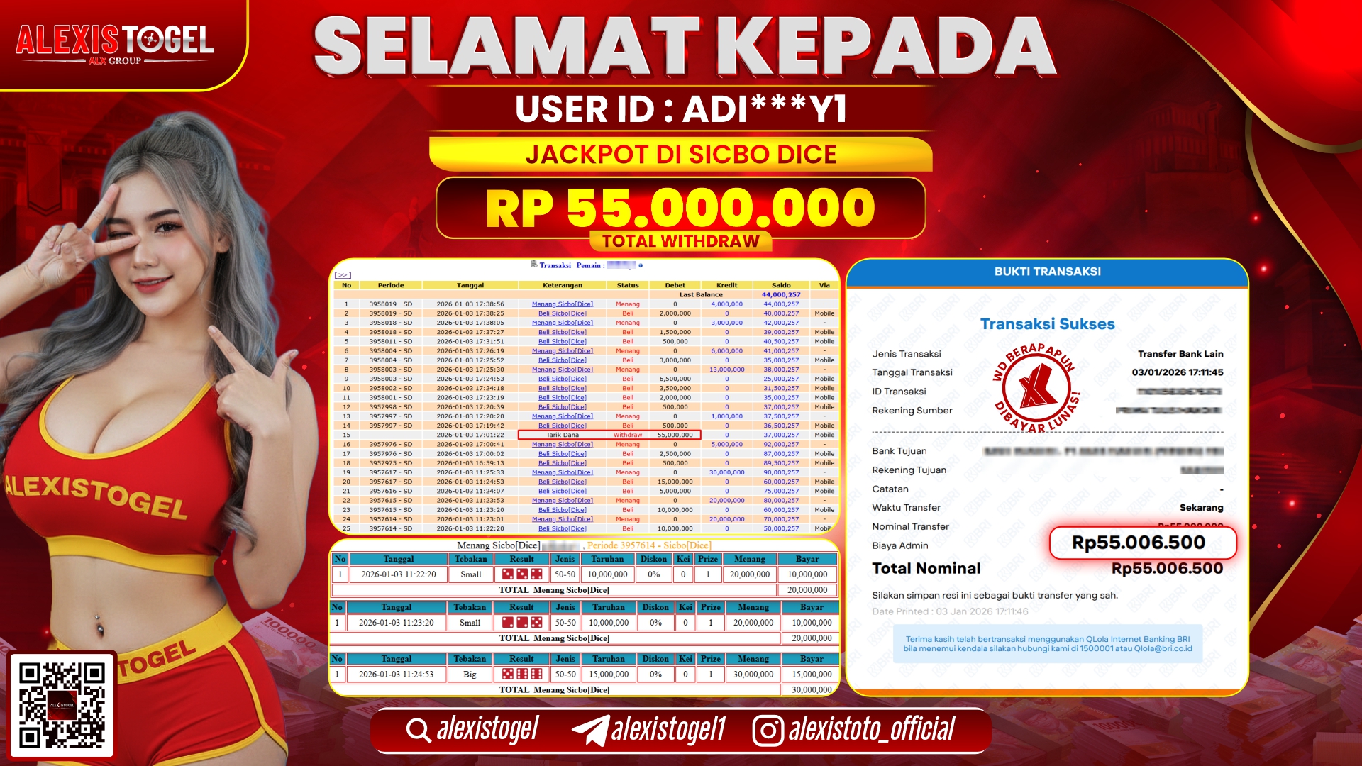 ALEXISTOGEL di CASINO SICBO DICE RP.55.000.000,- LUNAS