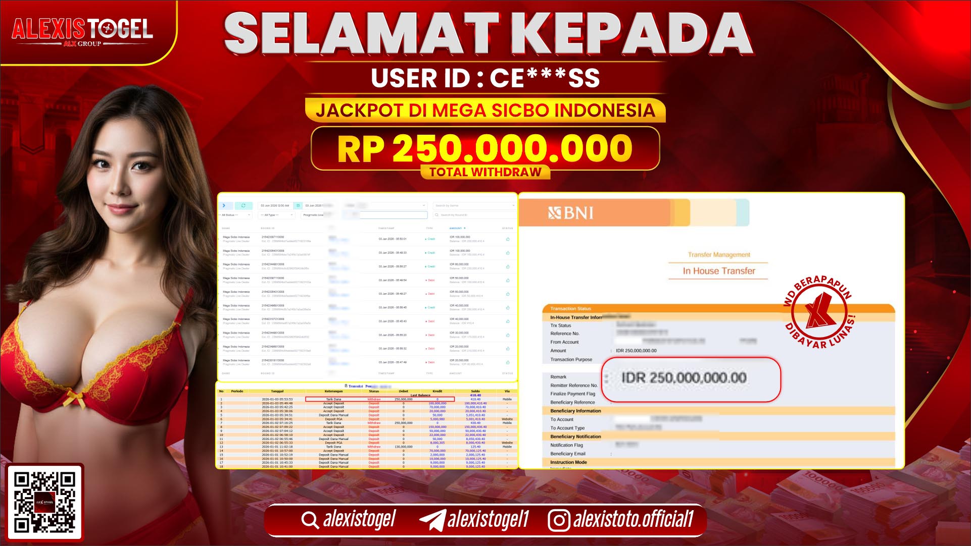 ALEXISTOGEL di CASINO MEGA SICBO INDONESIA RP.250.000.000,- LUNAS