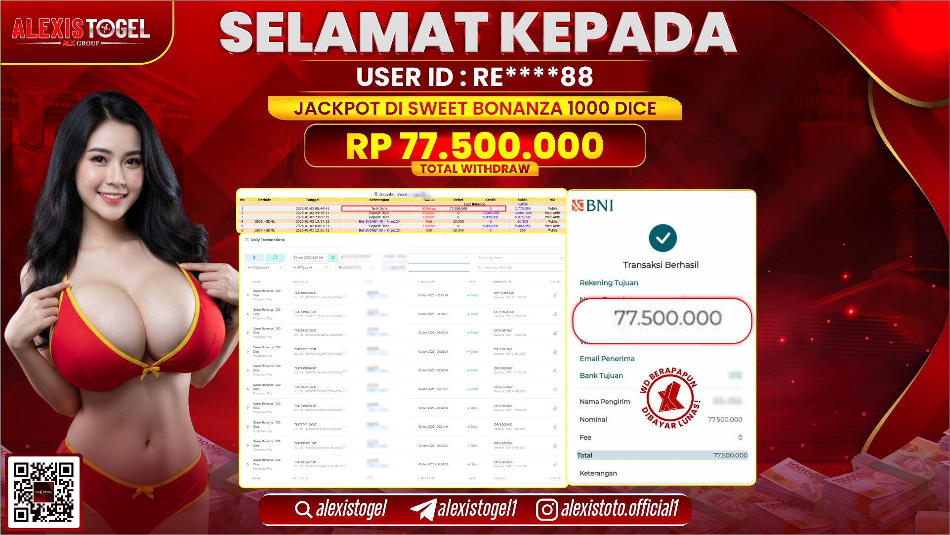 ALEXISTOGEL di SLOT SWEET BONANZA 1000 DICE RP.77.500.000,- LUNAS