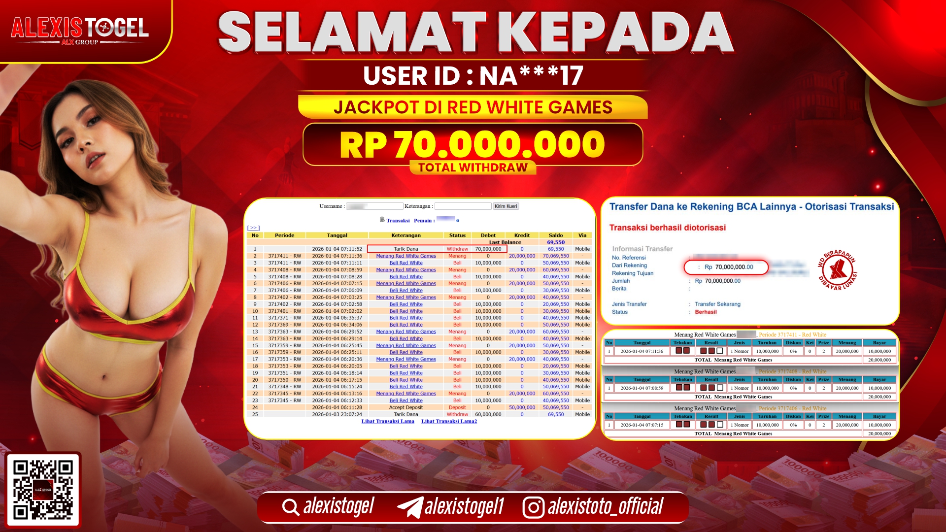 ALEXISTOGEL di CASINO RED WHITE GAMES RP.70.000.000,- LUNAS