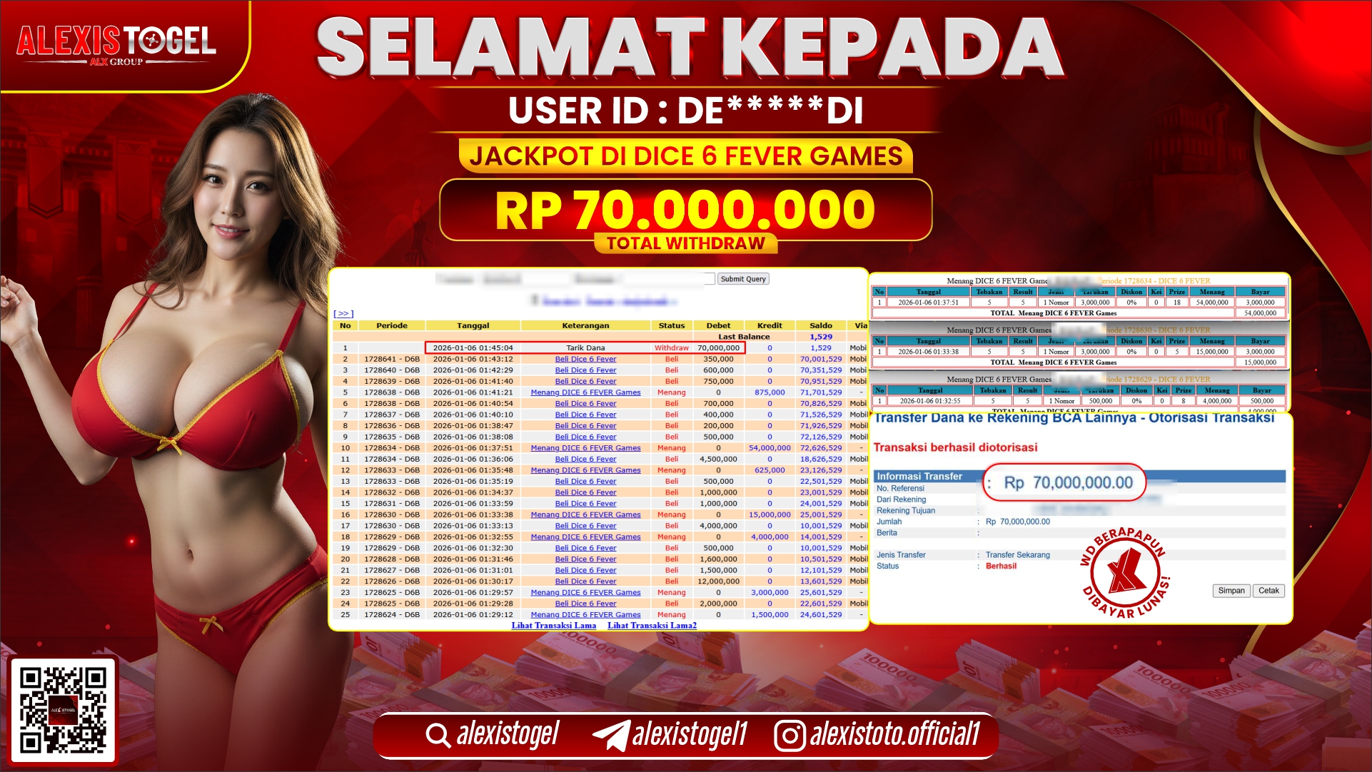 ALEXISTOGEL di CASINO DICE 6 FEVER GAMES RP.70.000.000,- LUNAS