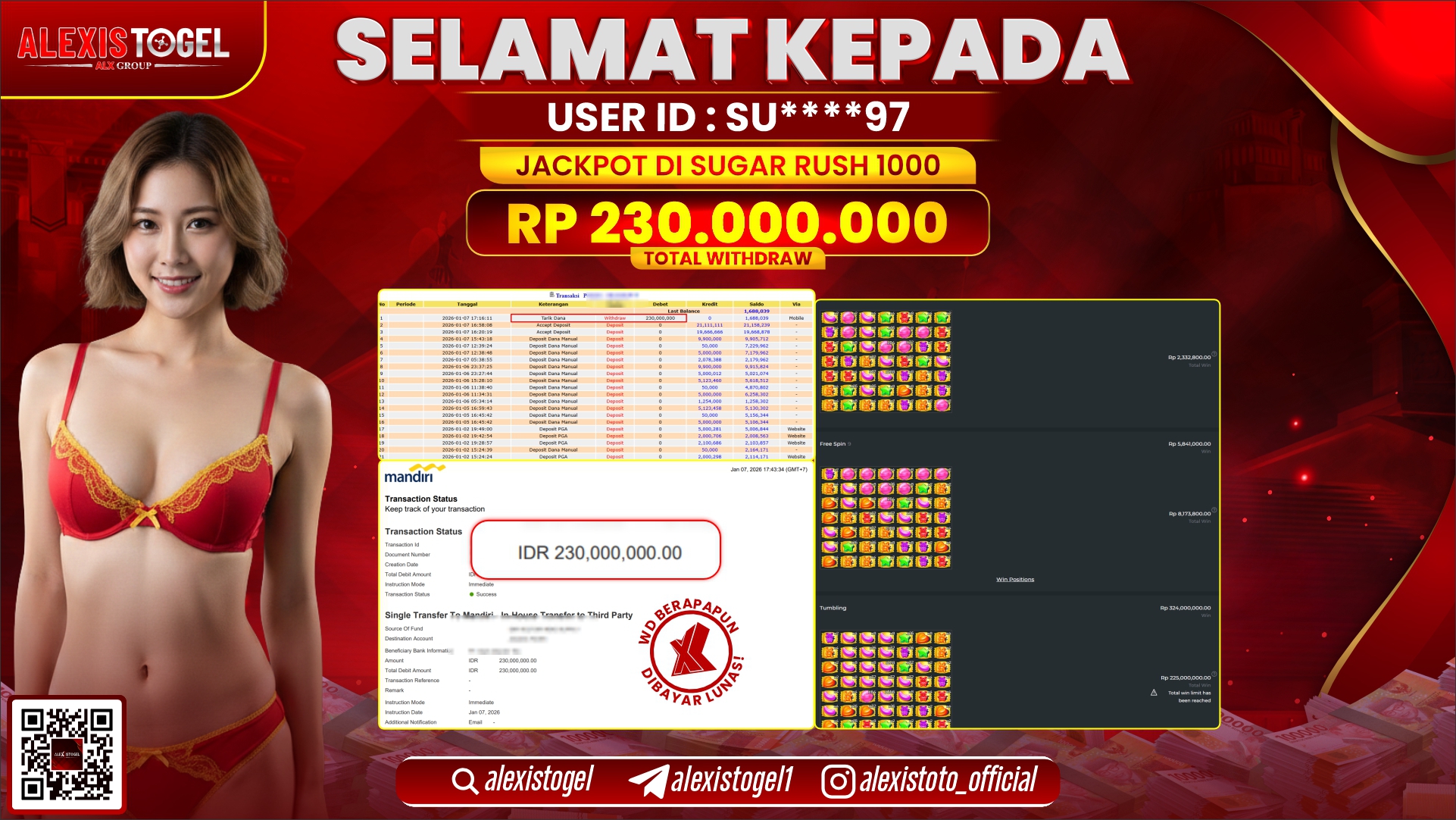 ALEXISTOGEL di SLOT SUGAR RUSH 1000 RP.230.000.000,- LUNAS