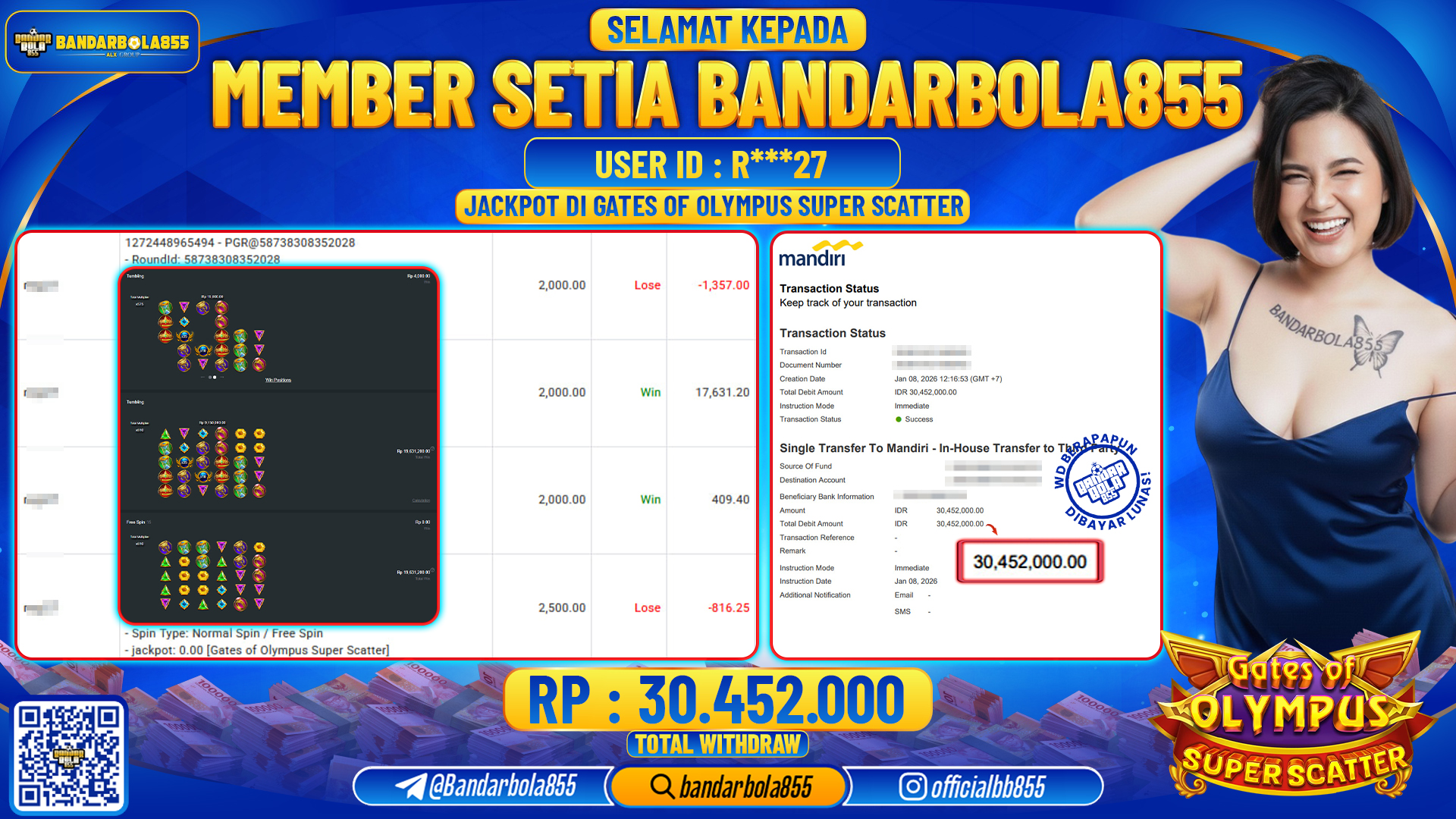 🎖 JACKPOT BANDARBOLA855 di GATES OF OLYMPUS SUPER SCATTER Rp30.452.000 🎖