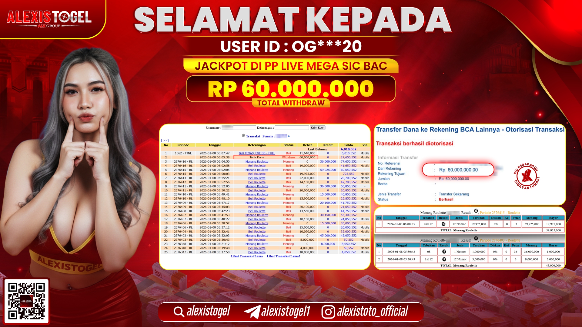 ALEXISTOGEL di PP LIVE MEGA SIC BAC RP.60.000.000,- LUNAS