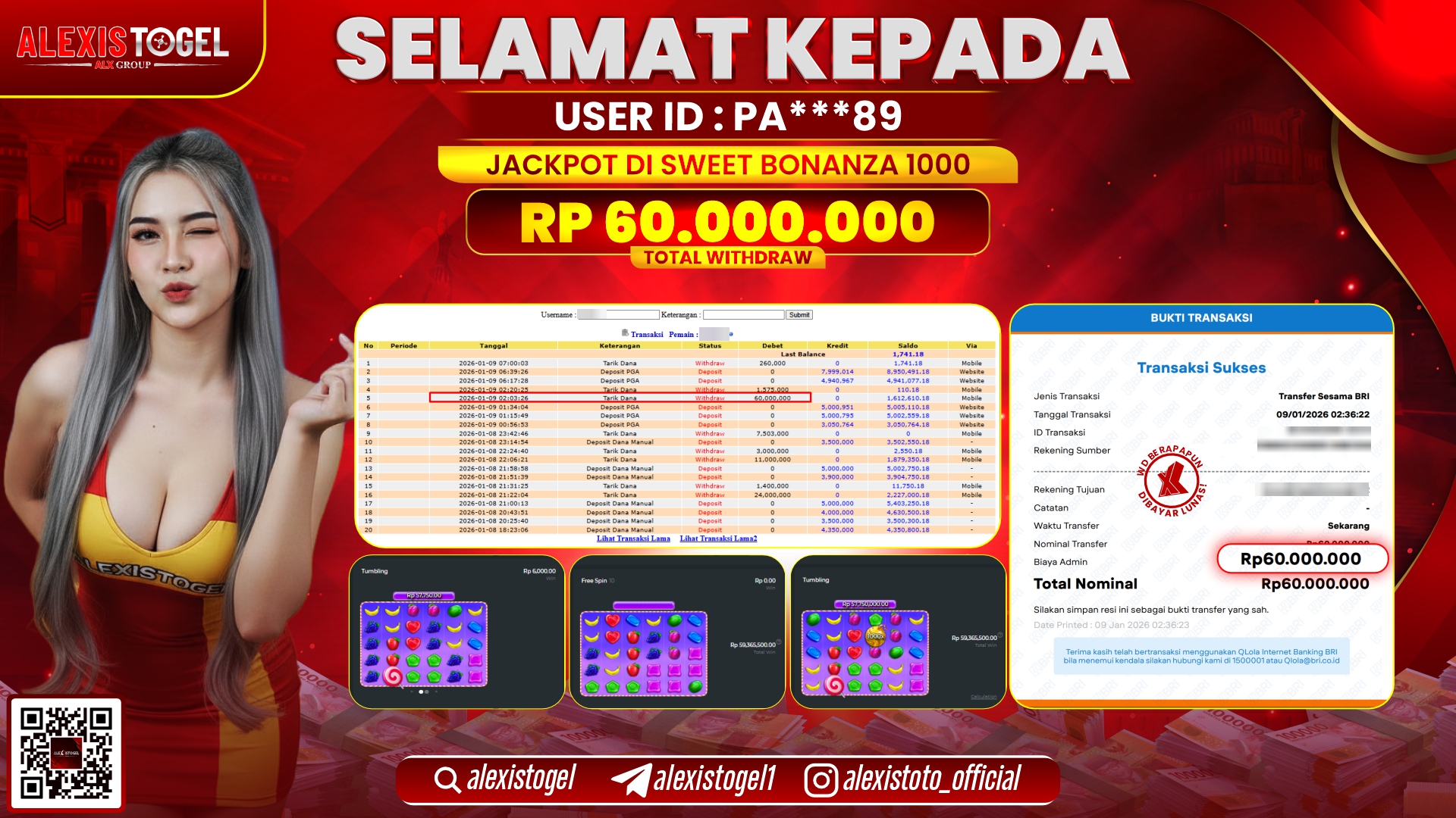 ALEXISTOGEL di SLOT SWEET BONANZA 1000 RP.60.000.000,- LUNAS