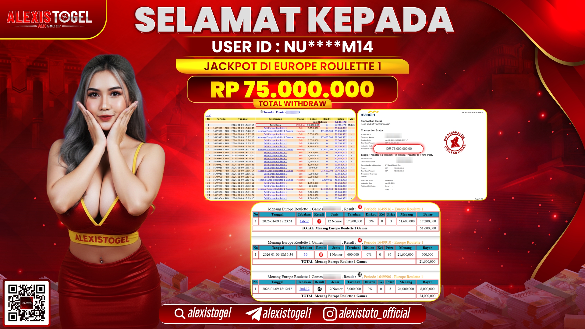 ALEXISTOGEL di CASINO EUROPE ROULETTE 1 RP.75.000.000,- LUNAS