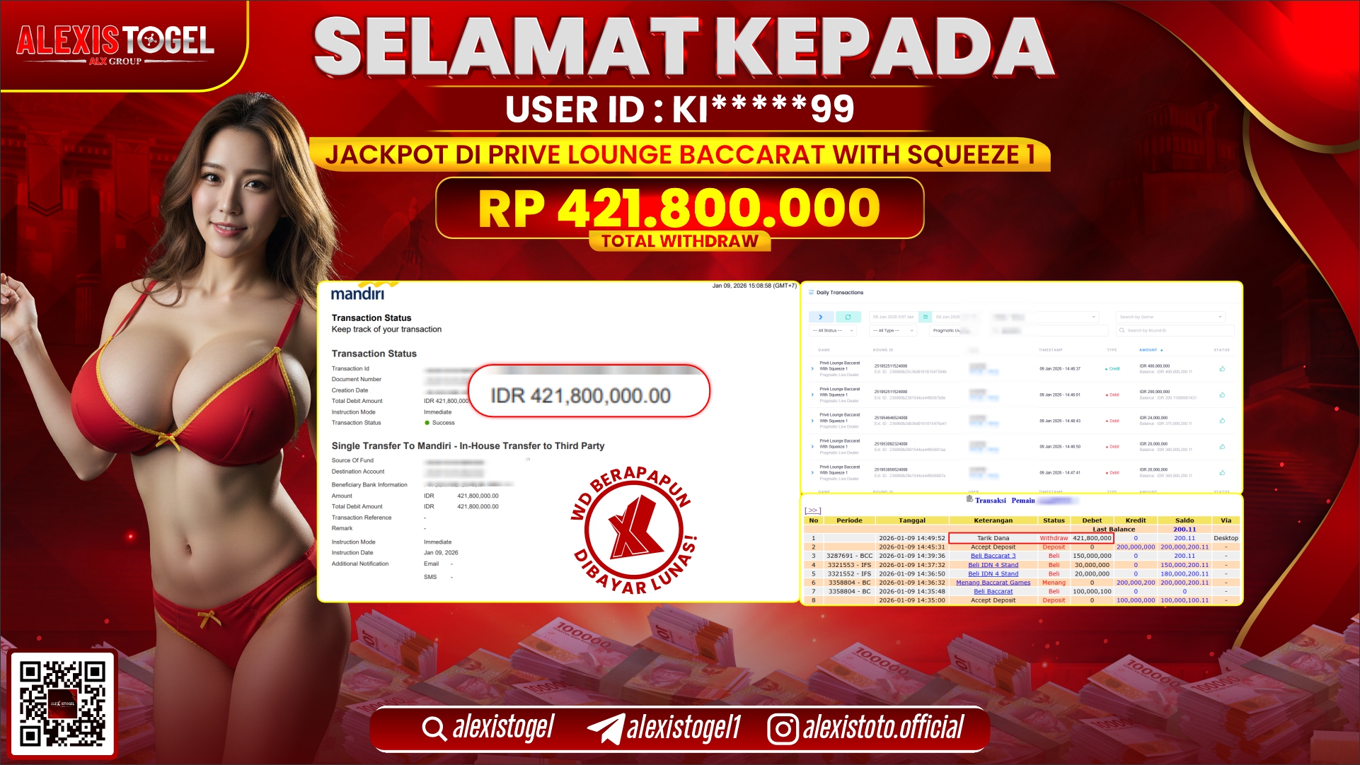 ALEXISTOGEL di PRIVE LOUNGE BACCARAT WITH SQUEEZE 1 RP.421.800.000,- LUNAS