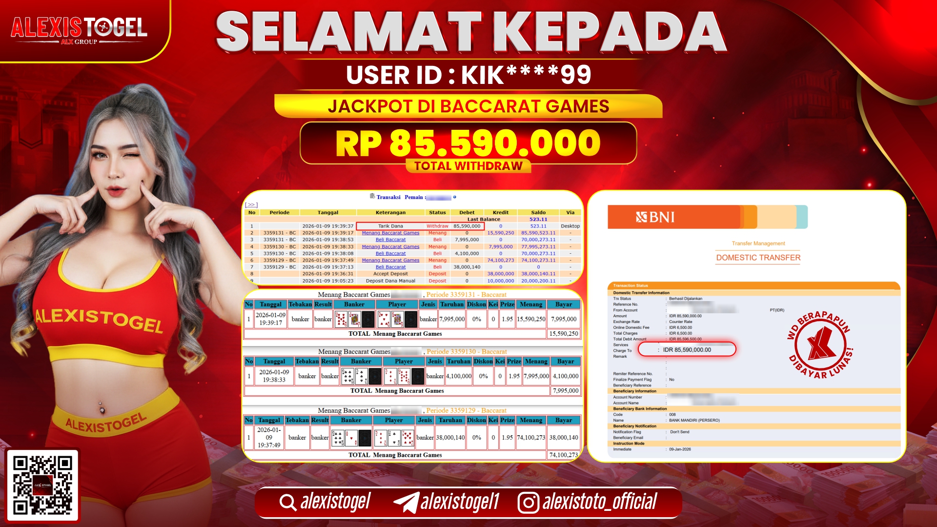 ALEXISTOGEL di CASINO BACCARAT GAMES RP.85.590.000,- LUNAS