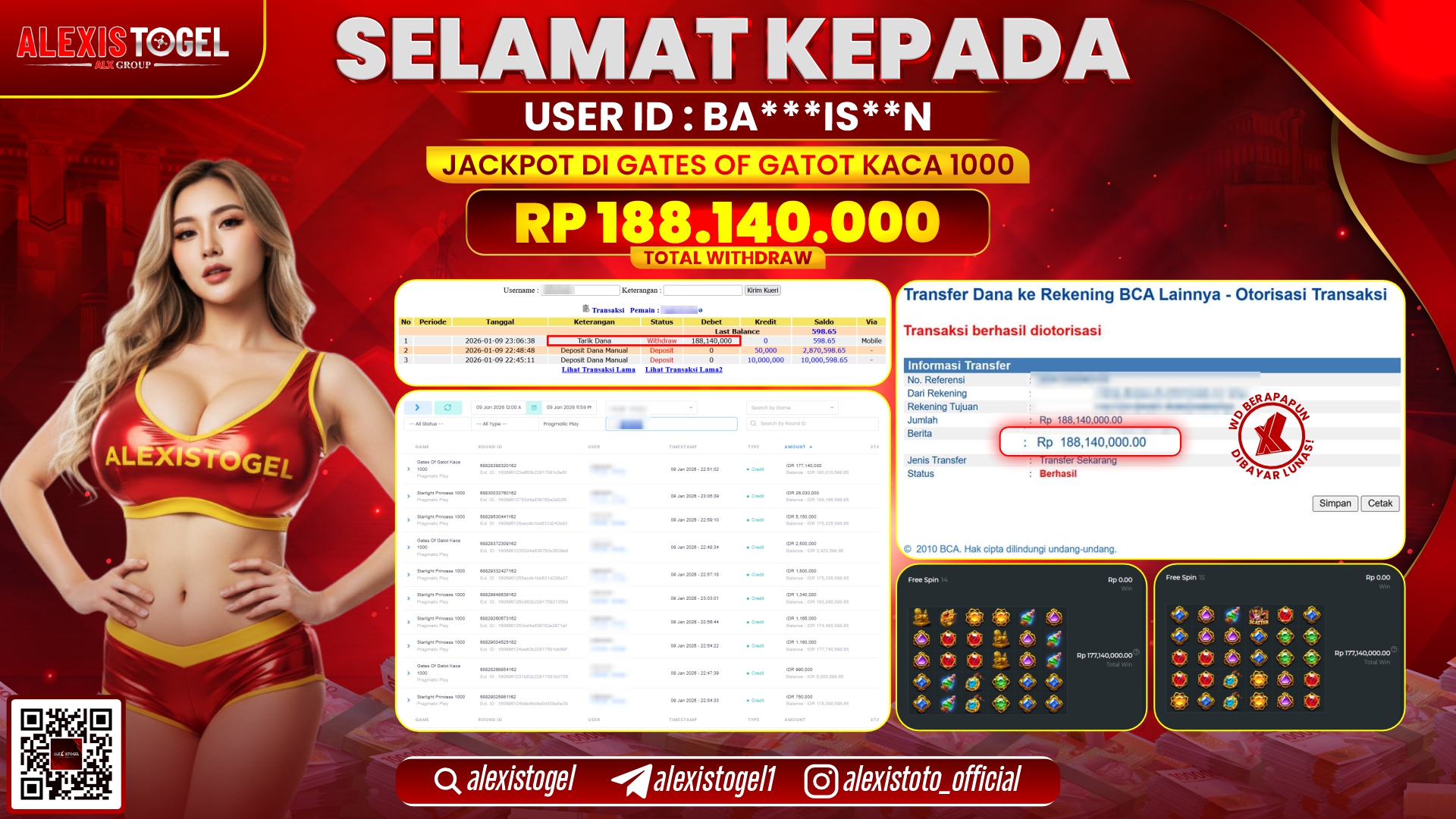 ALEXISTOGEL di SLOT GATES OF GATOT KACA 1000 RP.188.140.000,- LUNAS