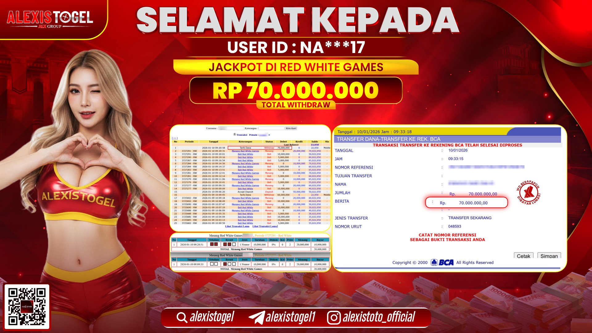 ALEXISTOGEL di CASINO RED WHITE GAMES RP.70.000.000,- LUNAS