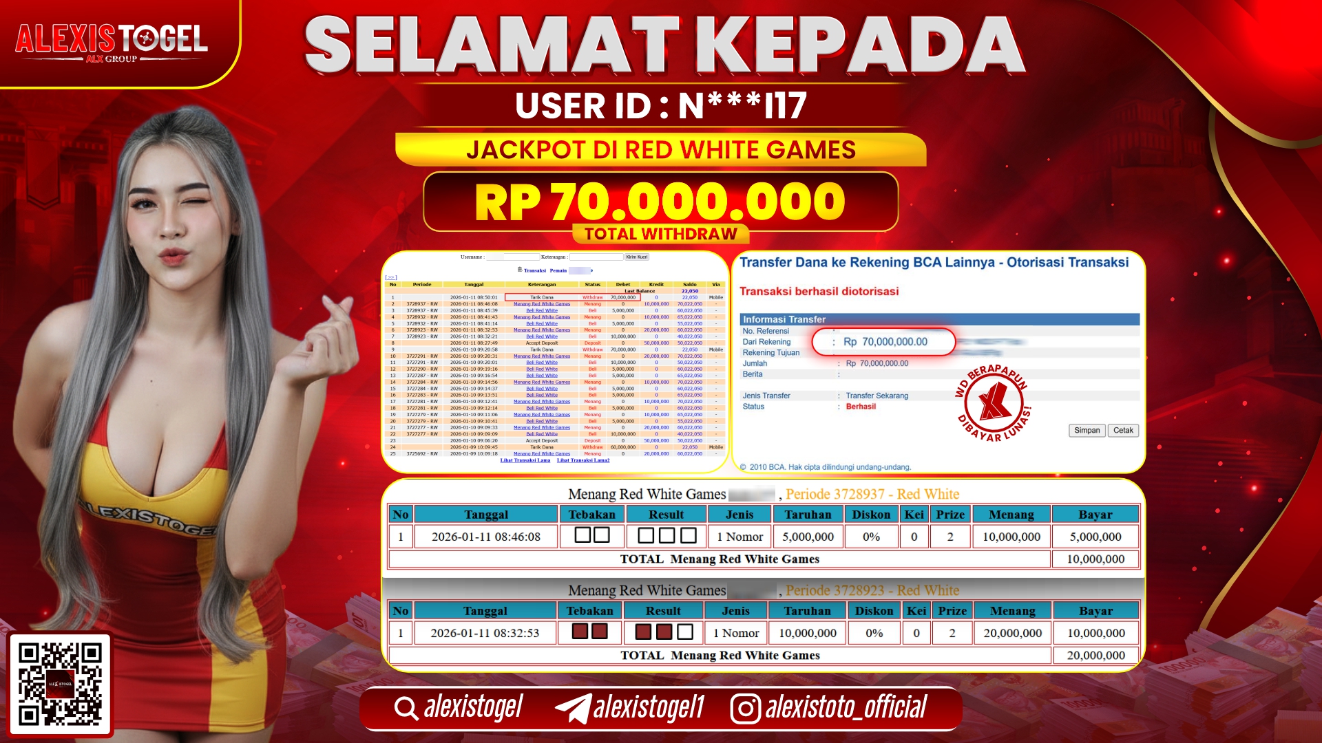ALEXISTOGEL di CASINO RED WHITE GAMES RP.70.000.000,- LUNAS