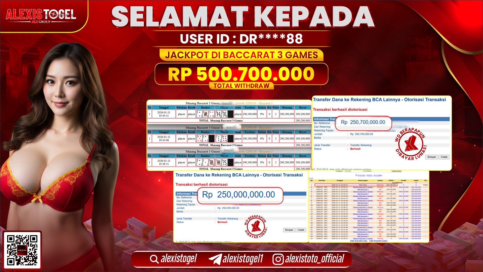 ALEXISTOGEL di CASINO BACCARAT 3 GAMES RP.500.700.000,- LUNAS