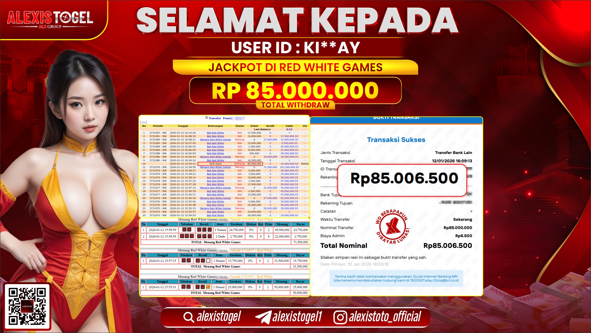ALEXISTOGEL di CASINO RED WHITE GAMES RP.85.000.000,- LUNAS