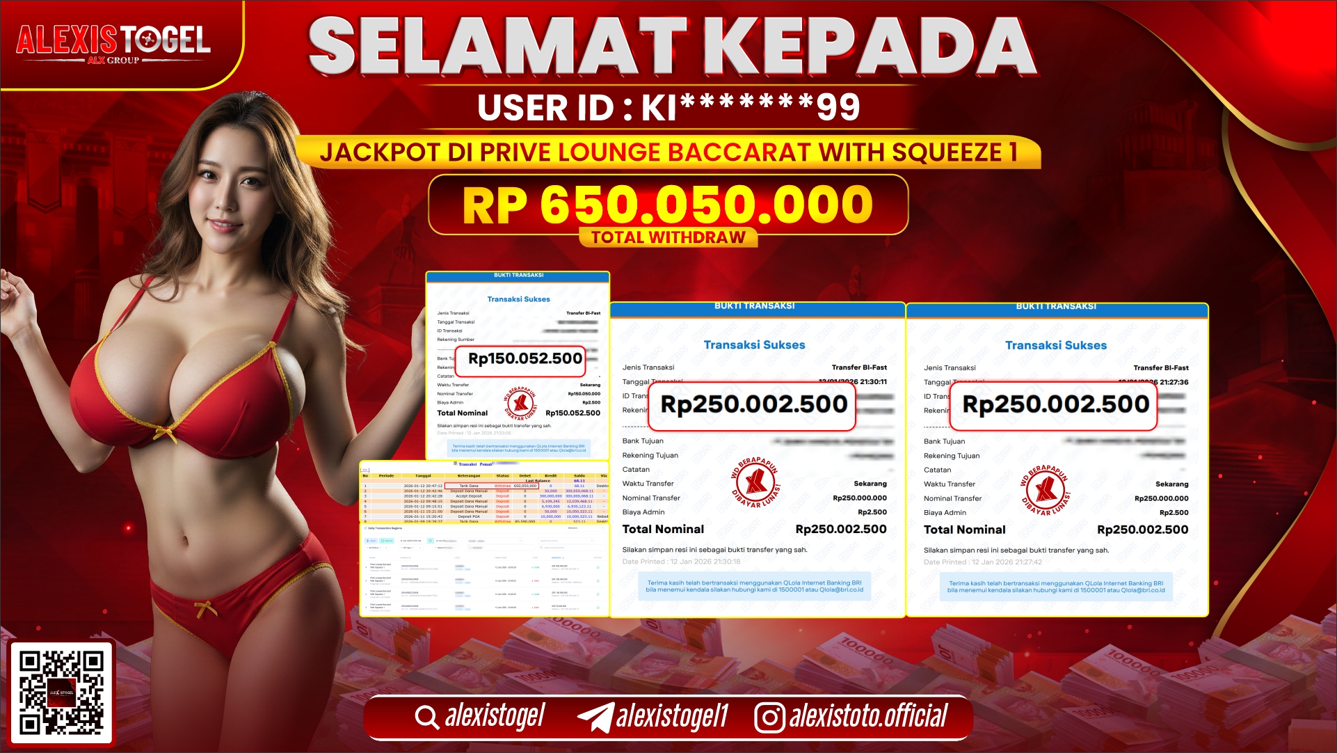 ALEXISTOGEL di PRIVE LOUNGE BACCARAT WITH SQUEEZE 1 RP.650.050.000,- LUNAS