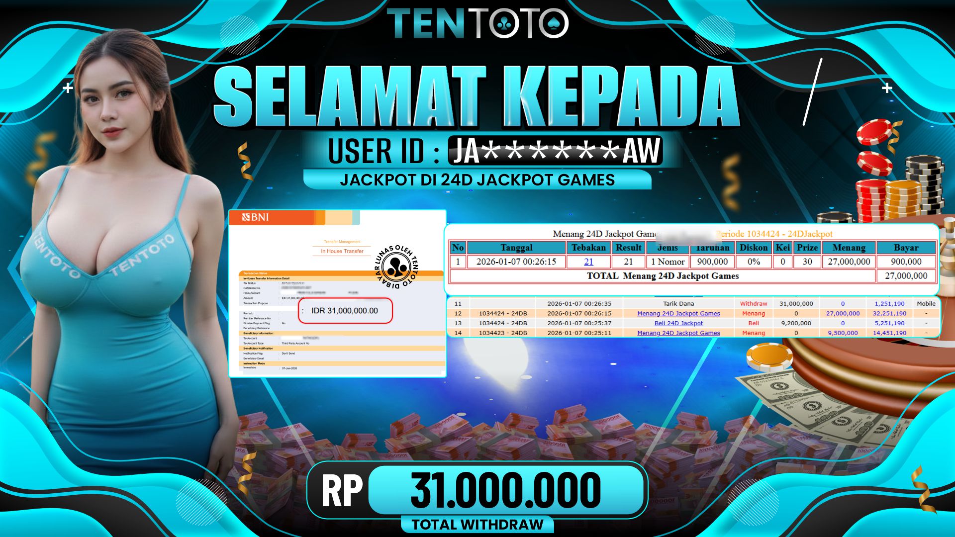 TENTOTO 24D Jackpot Games Rp. 31.000.000,- LUNAS