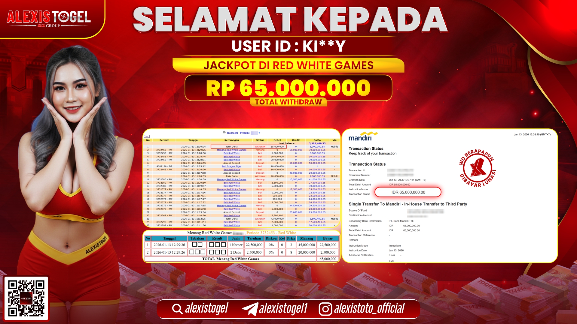 ALEXISTOGEL di CASINO RED WHITE GAMES RP.65.000.000,- LUNAS