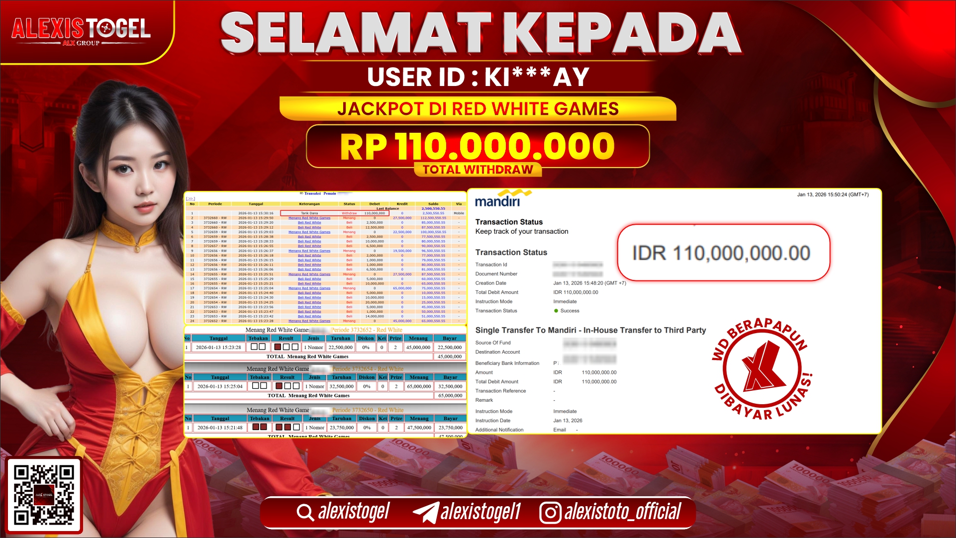 ALEXISTOGEL di CASINO RED WHITE GAMES RP.110.000.000,- LUNAS