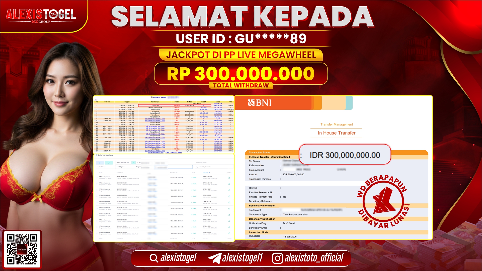 ALEXISTOGEL di PP LIVE MEGAWHEEL RP.300.000.000,- LUNAS