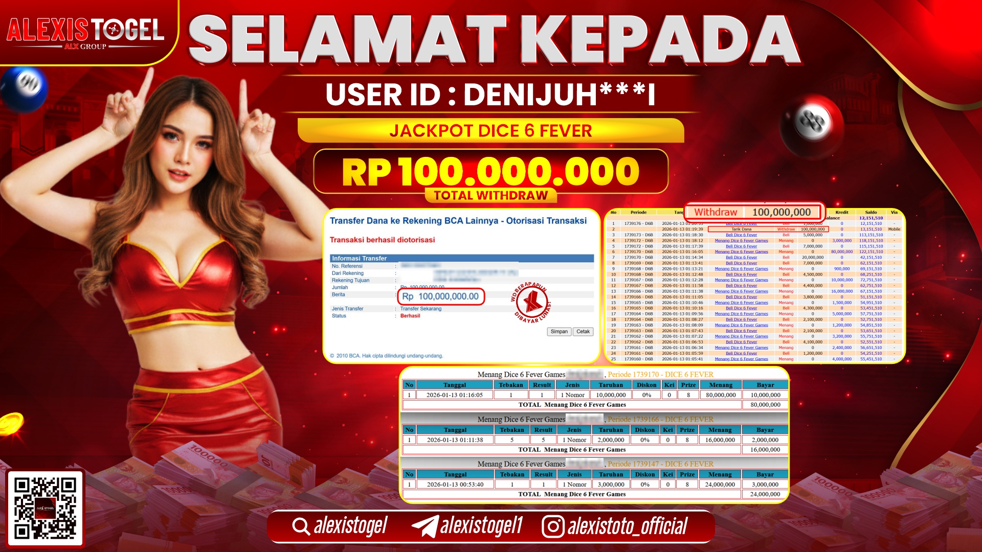 ALEXISTOGEL di CASINO DICE 6 FEVER RP.100.000.000,- LUNAS