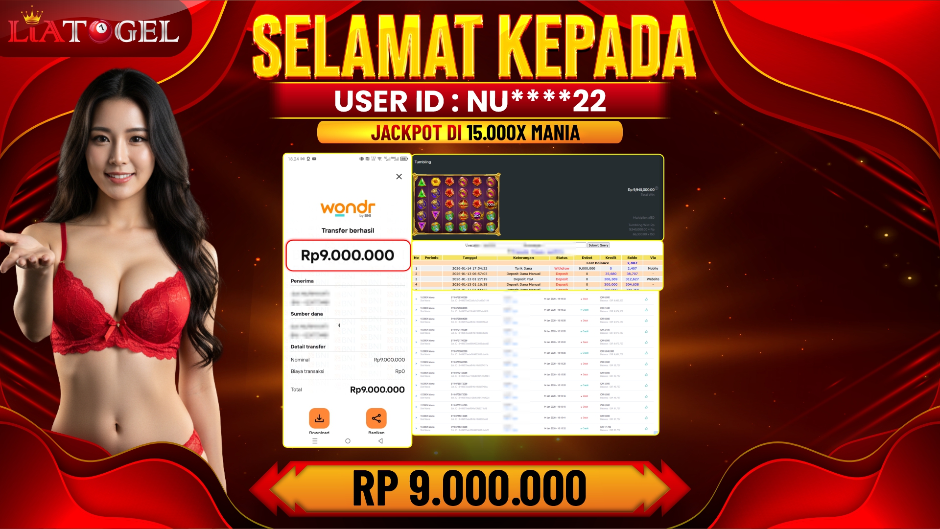 LIATOGEL - JACKPOT SLOT 15.000X MANIA  RP 9.000.000,- LUNAS