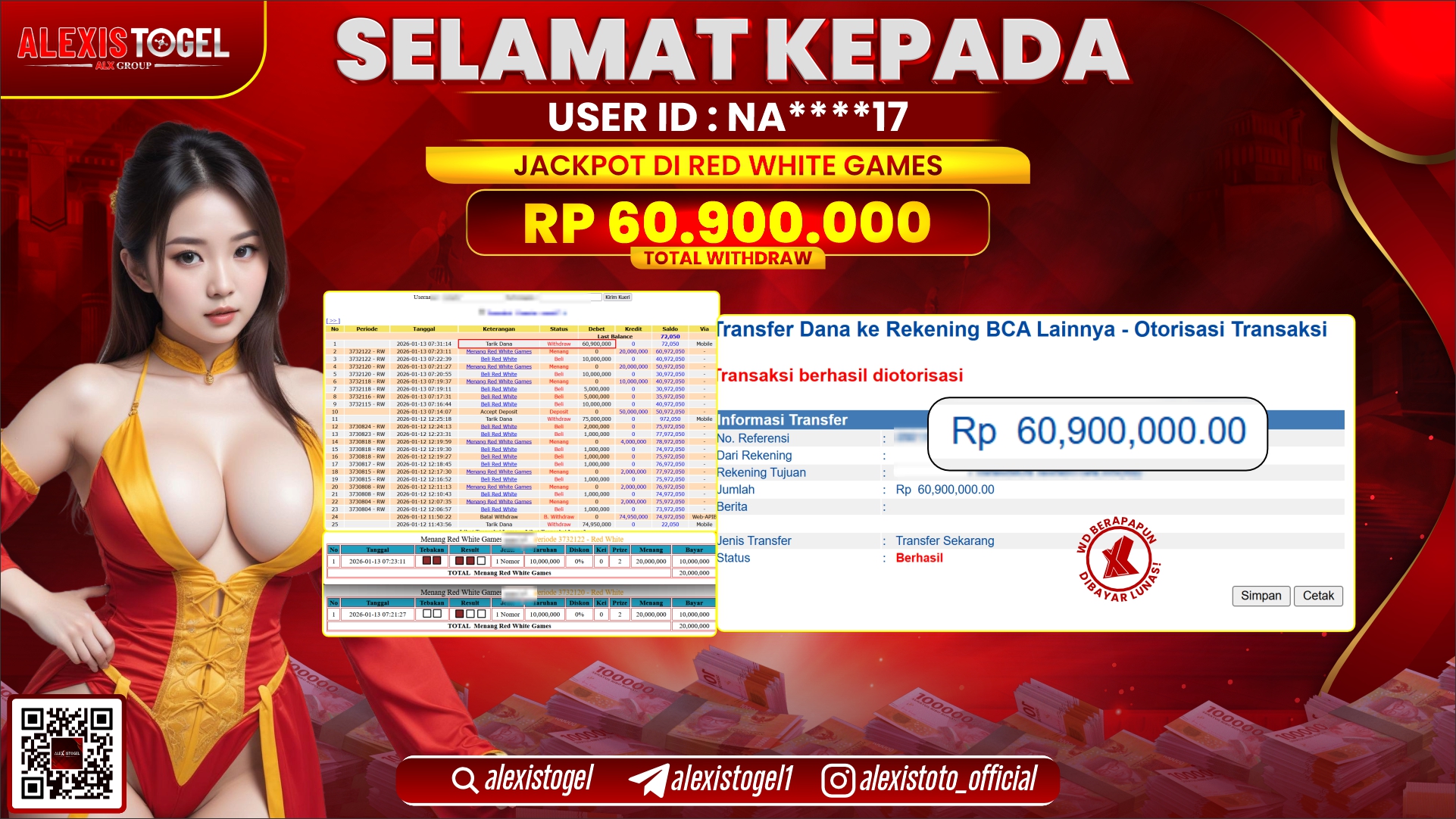 ALEXISTOGEL di CASINO RED WHITE GAMES RP.60.900.000,- LUNAS