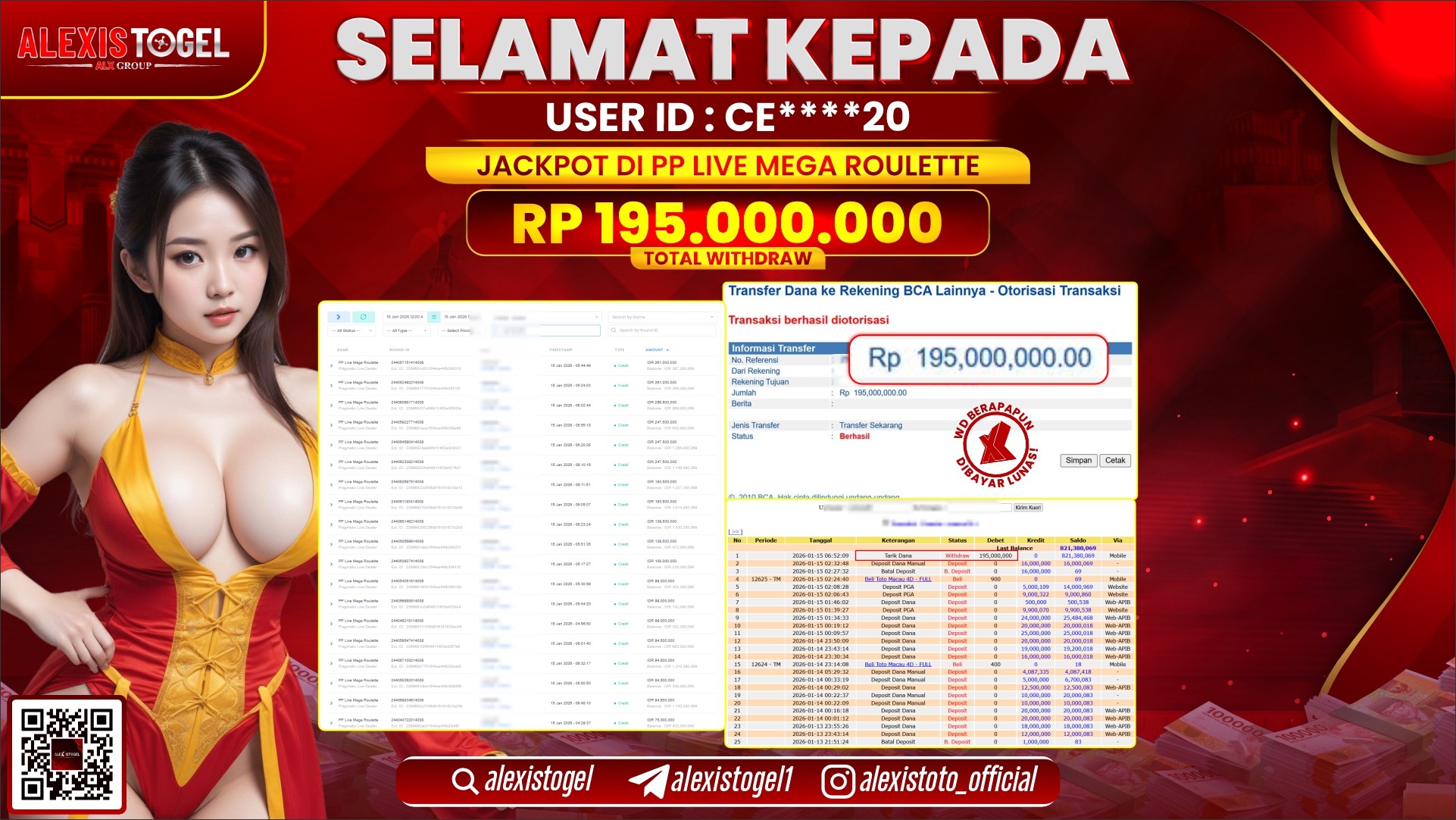 ALEXISTOGEL di PP LIVE MEGA ROULETTE RP.195.000.000,- LUNAS