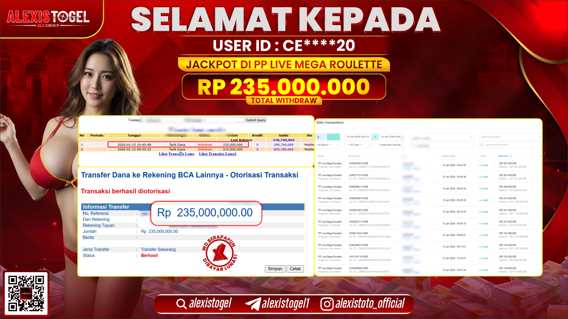 ALEXISTOGEL di PP LIVE MEGA ROULETTE RP.235.000.000,- LUNAS