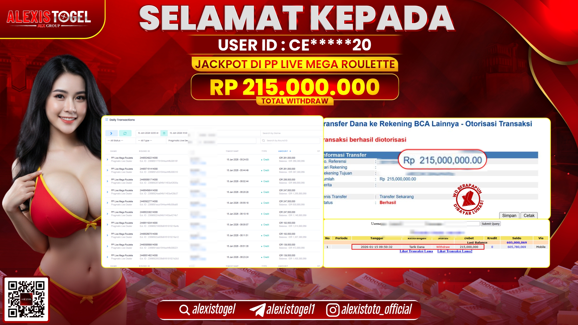 ALEXISTOGEL di PP LIVE MEGA ROULETTE RP.215.000.000,- LUNAS