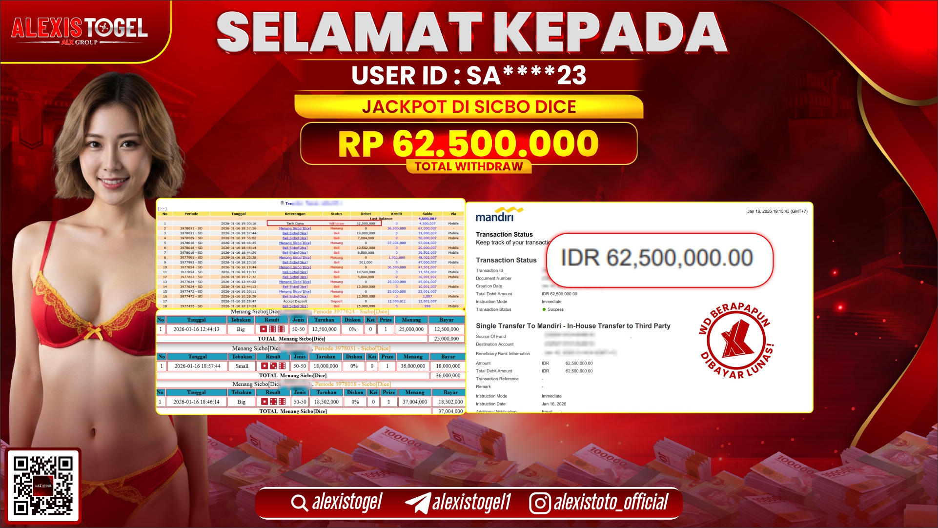ALEXISTOGEL di CASINO SICBO DICE RP.62.500.000,- LUNAS