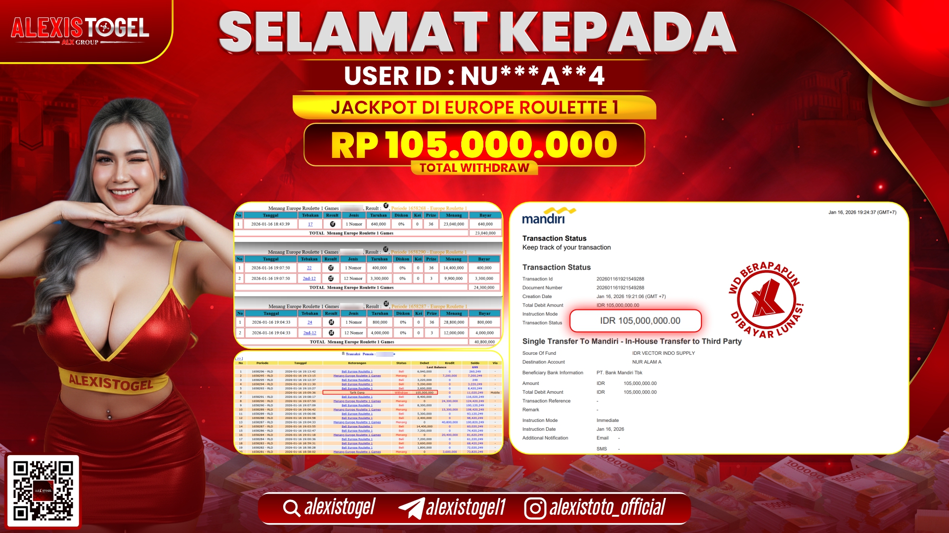 ALEXISTOGEL di CASINO EUROPE ROULETTE 1 RP.105.000.000,- LUNAS