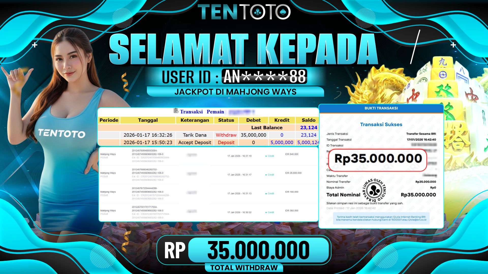 TENTOTO Mahjong Ways Rp. 35.000.000,- LUNAS