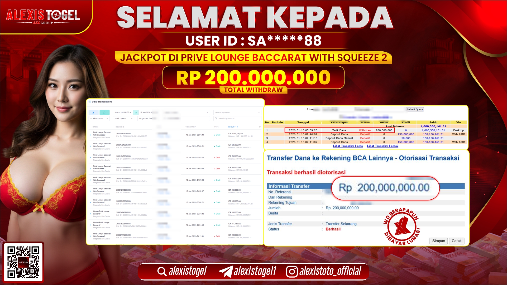 ALEXISTOGEL di PRIVE LAUNGE BACCARAT WITH SQUEEZE 2 RP.200.000.000,- LUNAS