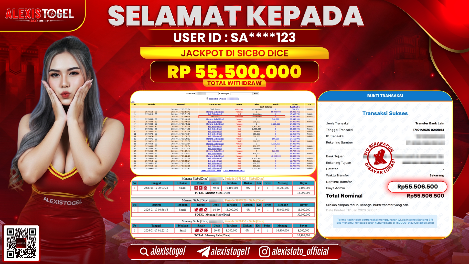 ALEXISTOGEL di CASINO SICBO DICE RP.55.500.000,- LUNAS