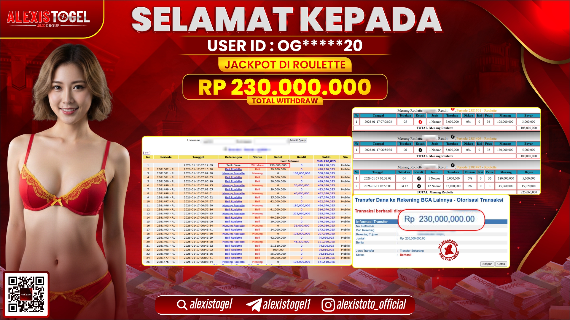 ALEXISTOGEL di CASINO ROULETTE RP.230.000.000,- LUNAS