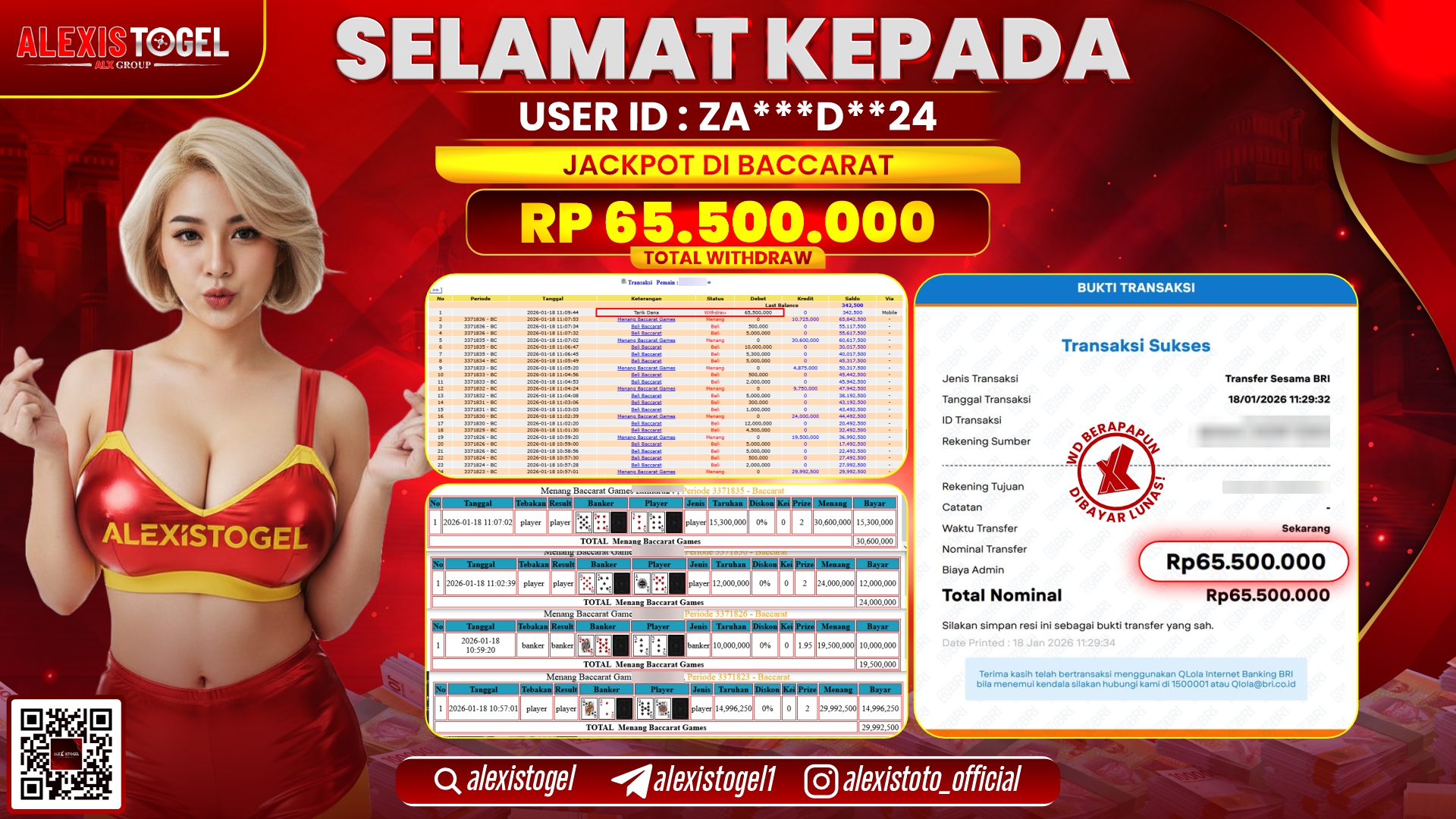 ALEXISTOGEL di CASINO BACCARAT RP.65.500.000,- LUNAS