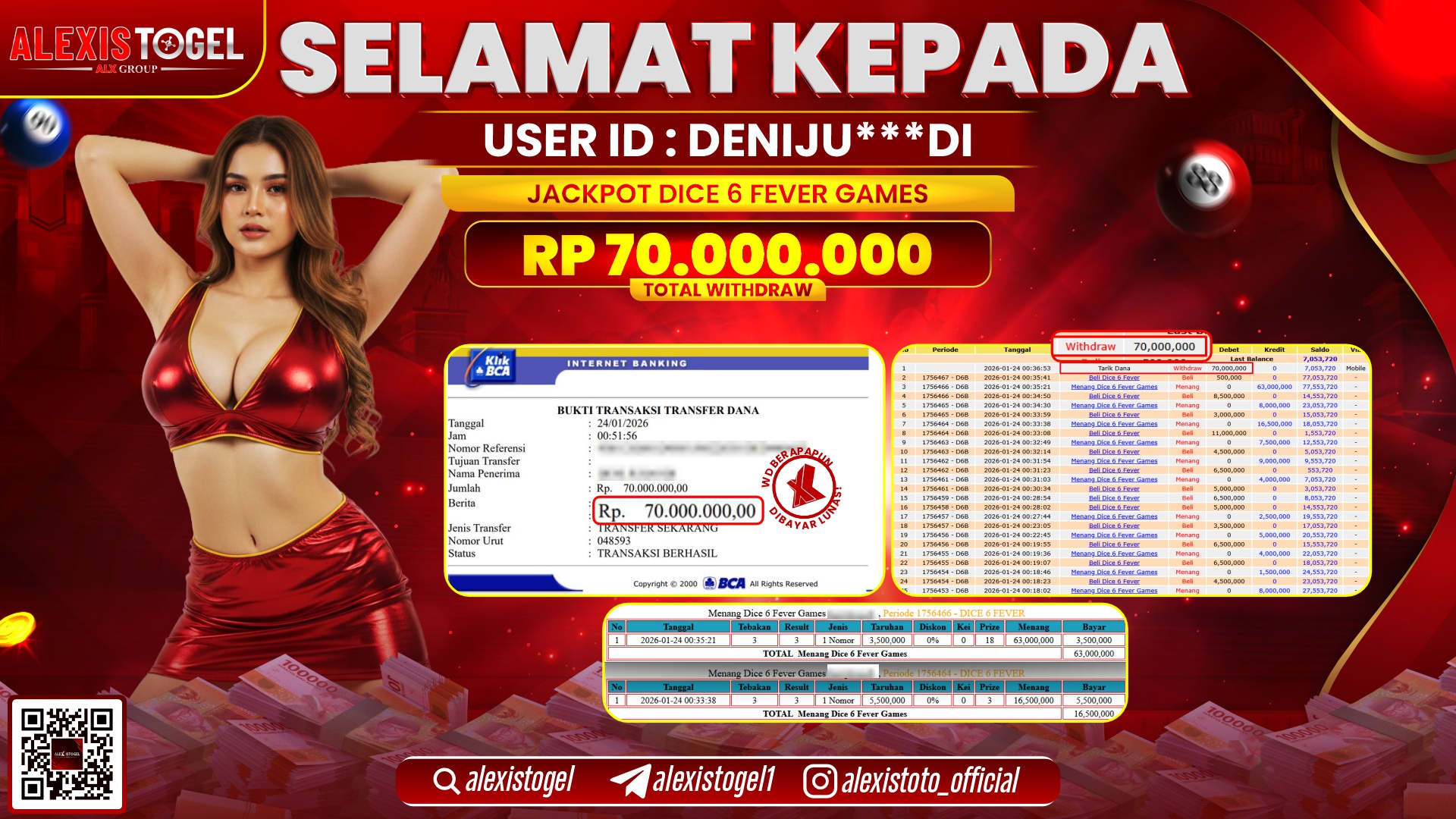 ALEXISTOGEL di CASINO DICE 6 FEVER GAMES RP.70.000.000,- LUNAS
