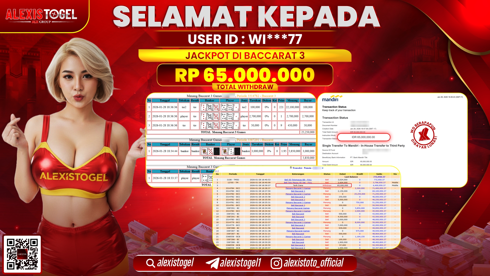 ALEXISTOGEL di CASINO BACCARAT 3 RP.65.000.000,- LUNAS