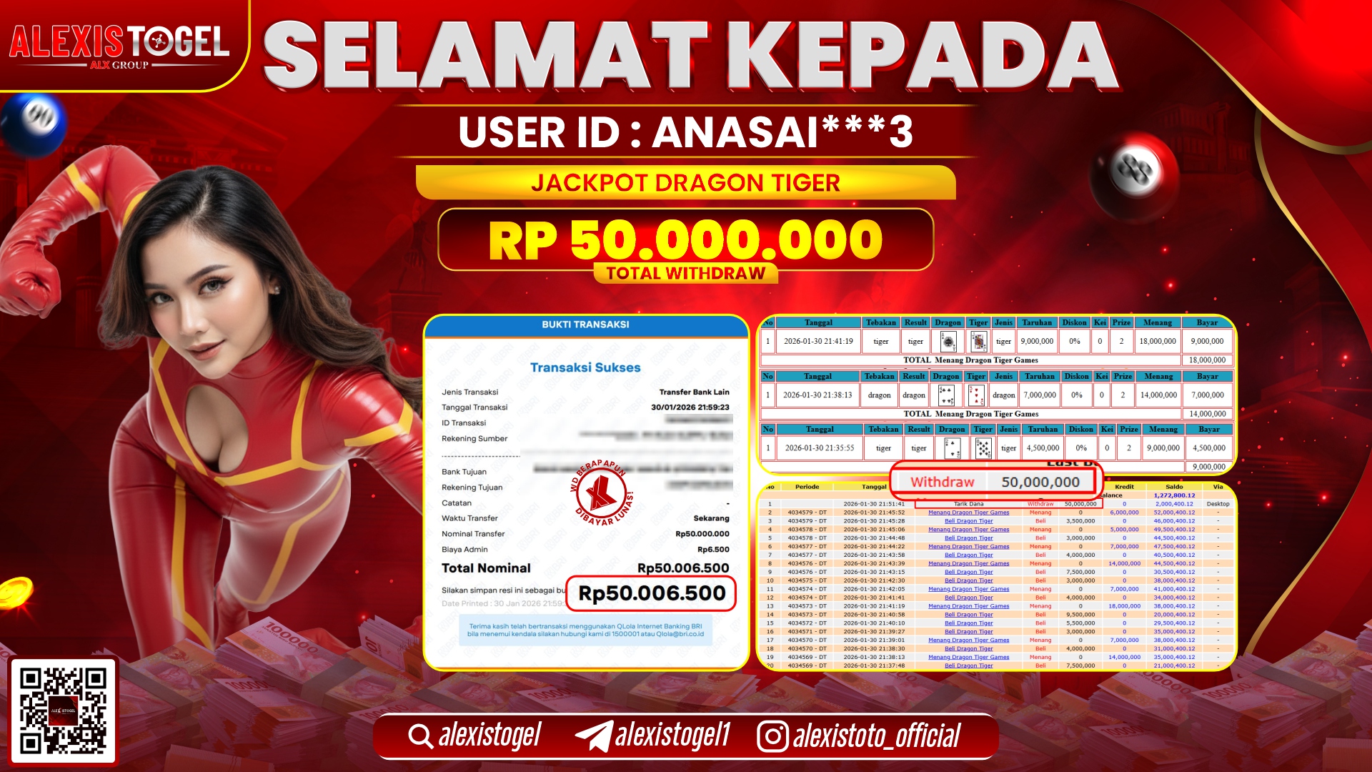 ALEXISTOGEL di CASINO DRAGON TIGER RP.50.000.000,- LUNAS