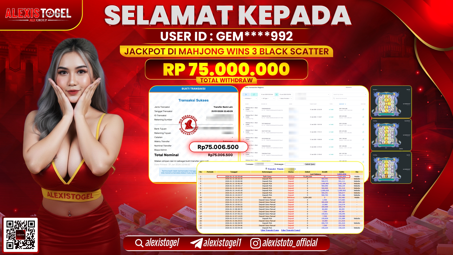 ALEXISTOGEL di SLOT MAHJONG WINS 3 BLACK SCATTER RP.75.000.000,- LUNAS