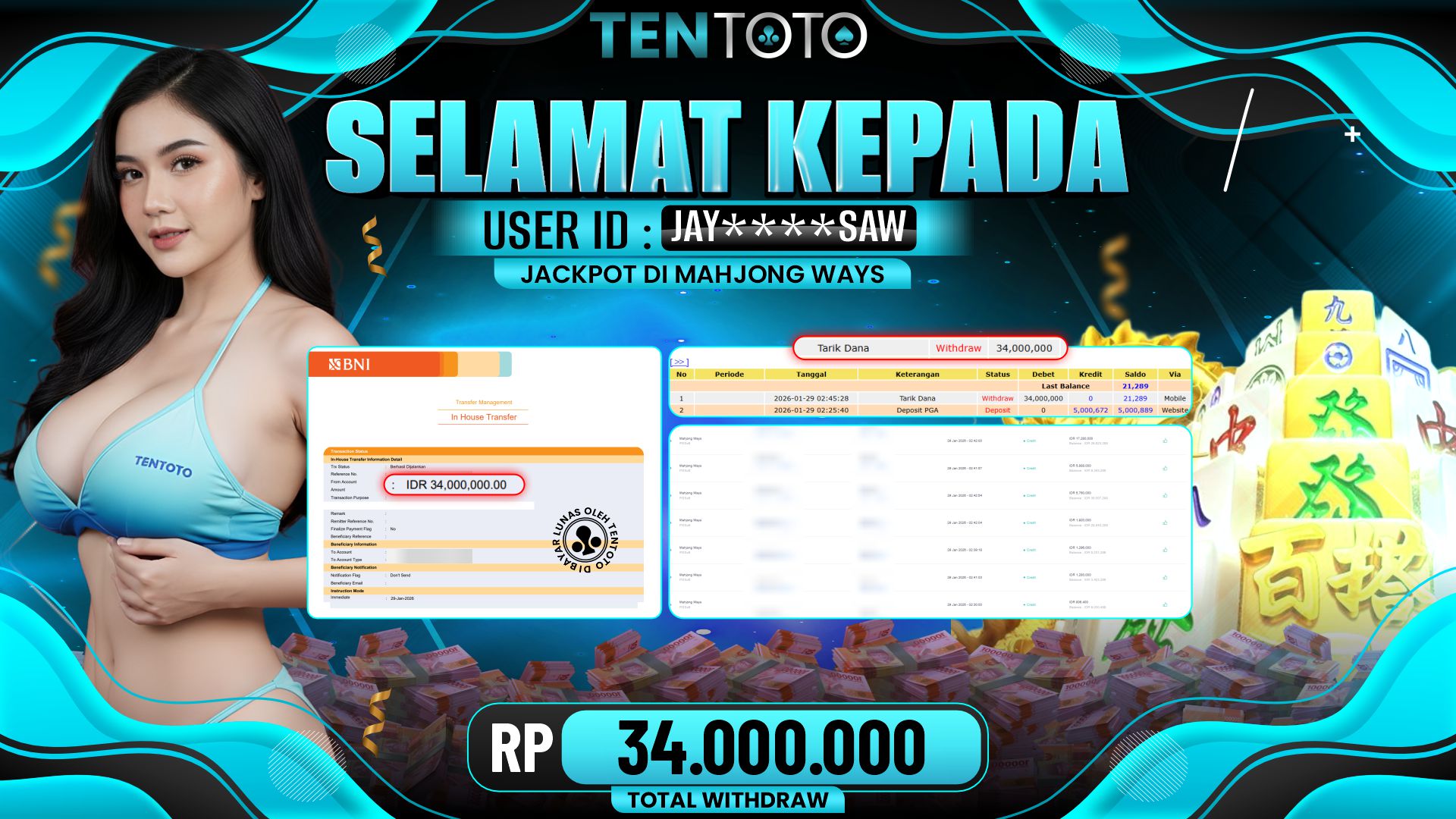 TENTOTO Mahjong Ways Rp. 34.000.000,- LUNAS