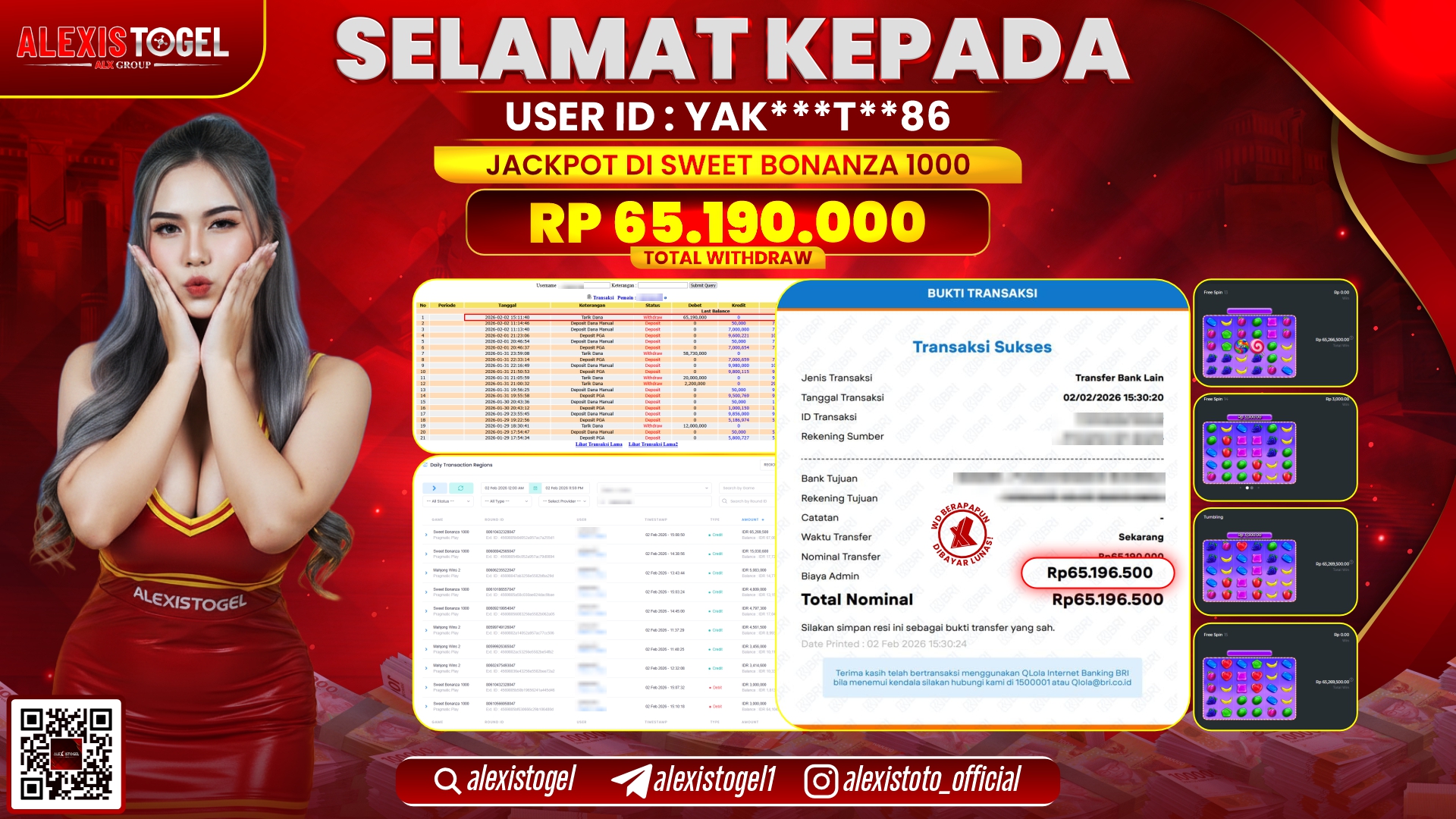 ALEXISTOGEL di SLOT SWEET BONANZA 1000 RP.65.190.000,- LUNAS