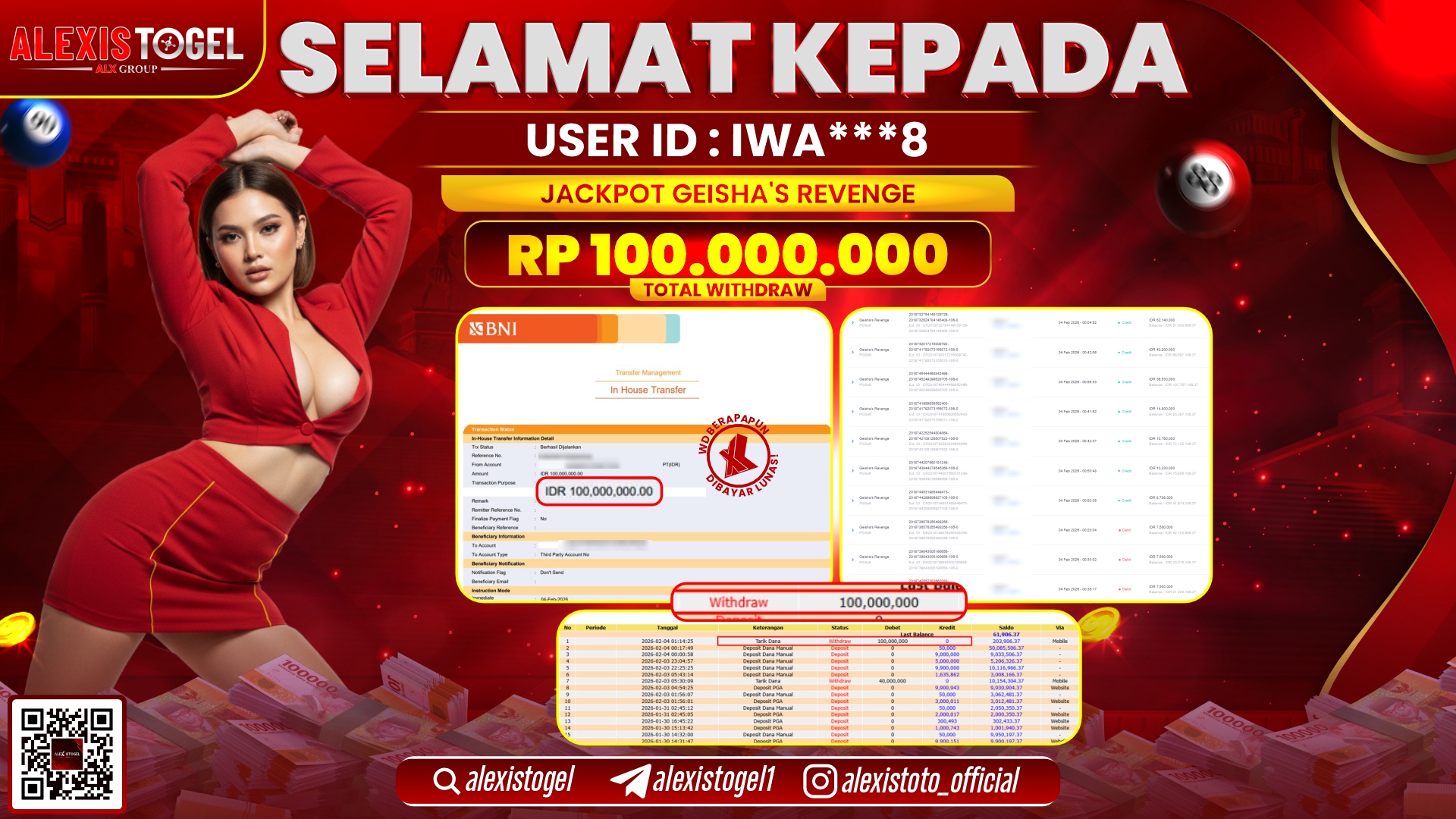 ALEXISTOGEL di SLOT GEISHA'S REVENGE RP.100.000.000,- LUNAS